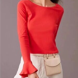 Mauve by Anthropologie Red Bell Sleeve 100% Cotton Top, Size Extra Small